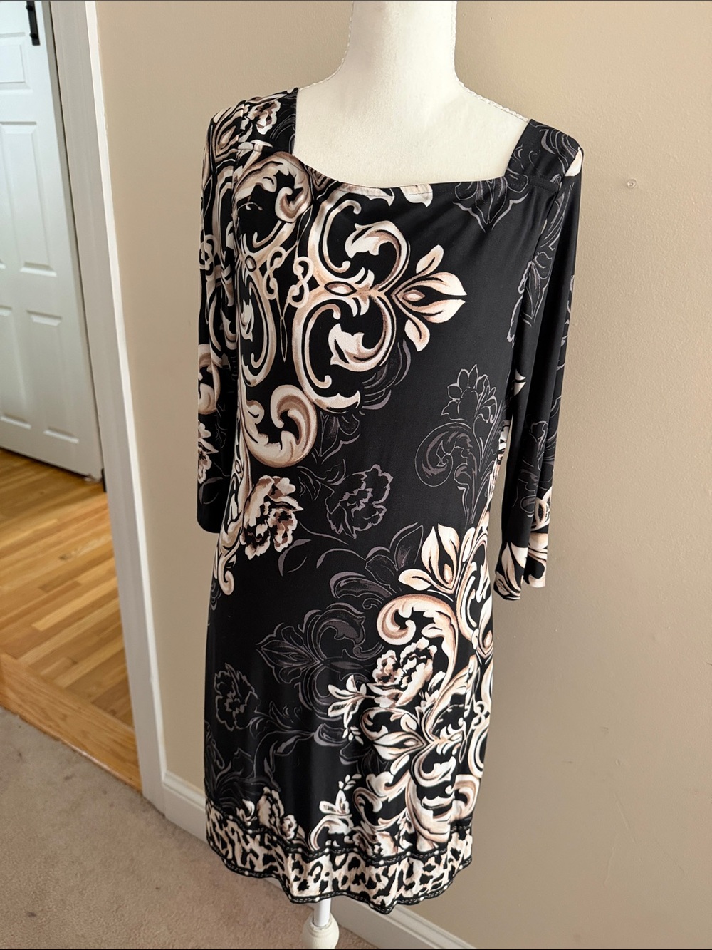 White House Black Market Black Dress with Cream Floral Scrolls